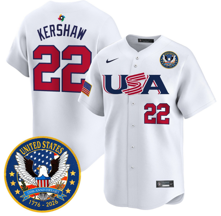 Men Team USA World Baseball Classic 250th Anniversary #22 Kershaw white 2026 Roster Patch Vapor Jersey